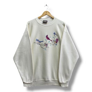 Vintage 90&#39;s Cardinal Birds White Sweatshirt XLARGE Bird Cage Crewneck Graphics Bird House Sweater Morning Sun Bird Embroidered Logo Jumper