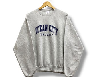 Bluza z kapturem OCNJ w stylu vintage Ocean City w kolorze New Jersey w kolorze szarym, rozmiar L, z kapturem OCNJ w stylu plażowym, unisex, z nadrukiem Boardwalk Seaside