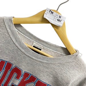 May include: A light gray crewneck sweatshirt featuring a red and blue graphic print on the front. The garment is displayed on a wooden hanger with a white tag attached that displays the handwritten text P29, 21, and 24.5 in black ink.