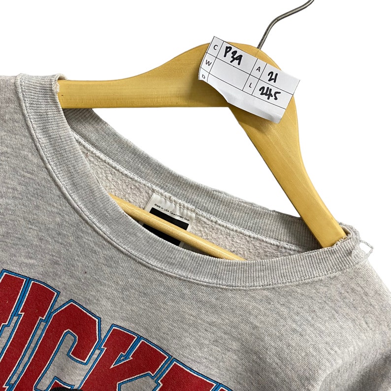 May include: A light gray crewneck sweatshirt featuring a red and blue graphic print on the front. The garment is displayed on a wooden hanger with a white tag attached that displays the handwritten text P29, 21, and 24.5 in black ink.