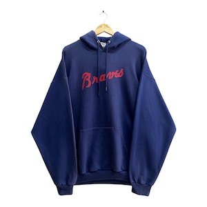 Vintage Y2K Braves Navy Sun Faded Hoodie Sweatshirt XLARGE Braves Crewneck Braves Sweater Pullover Streetwear Spell Out Print Logo Jumper