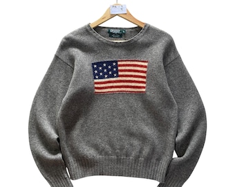 Suéter de punto vintage con la bandera de Estados Unidos de Polo Ralph Lauren para mujer, talla XL, jersey de cuello redondo con el logo de Polo Pony Ralph Lauren.