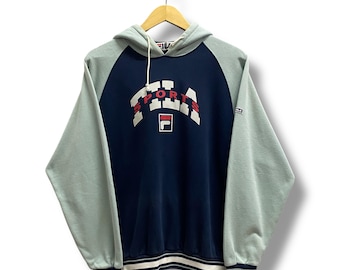 Sudadera con capucha azul Fila Sports vintage de los años 90, mediana, cuello redondo, jersey deportivo Fila Sports, jersey deportivo Fila Sports con logotipo bordado