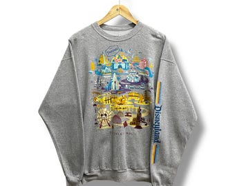 Vintage Y2K Disneyland Resort Grey Sweatshirt LARGE Disney Crewneck Disney Goofy Pluto Sweater Pullover Donald Duck Mickey Logo Print Jumper