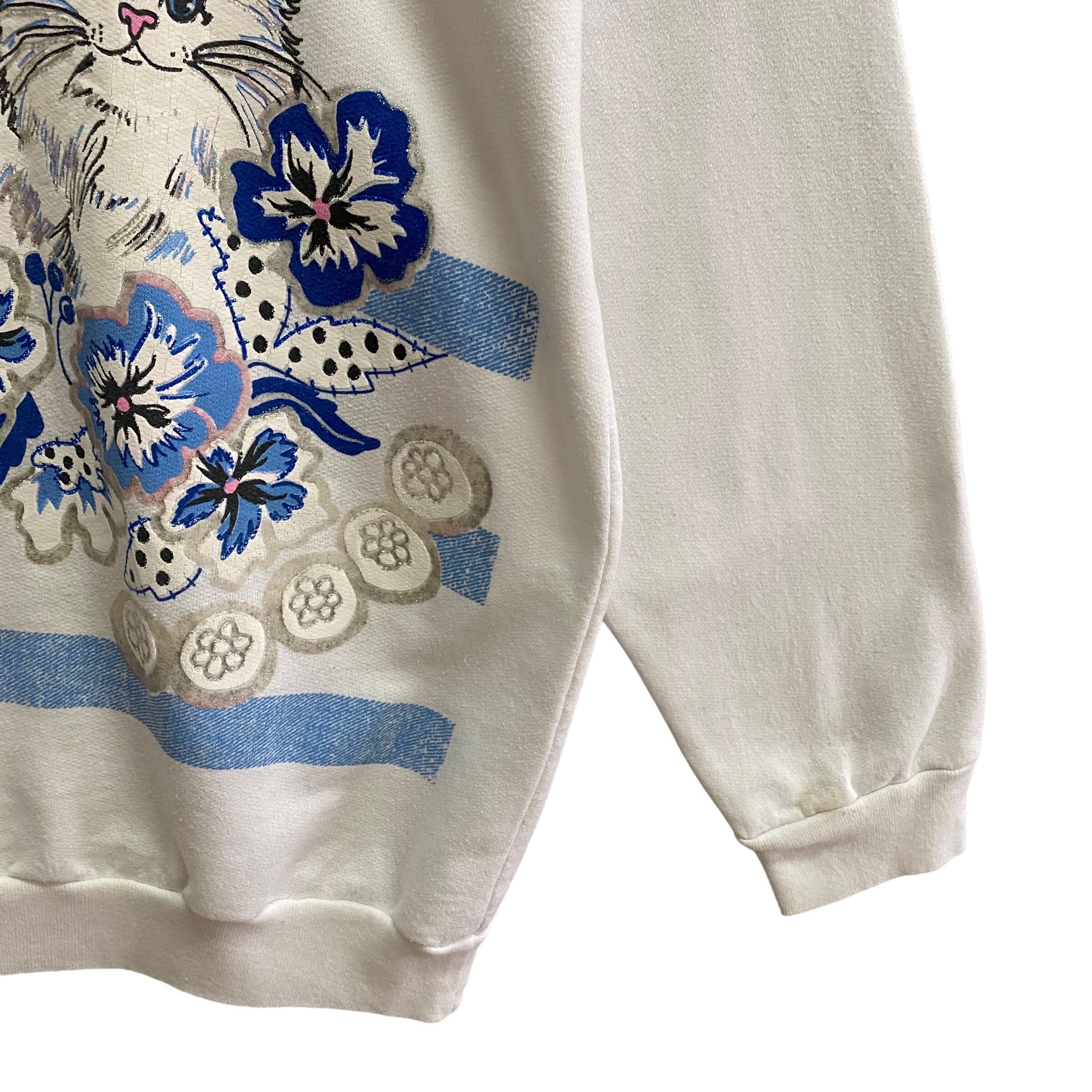 vintage cat × fish × flower sweat Vintage 90s Cats Floral White Sweatshirt Size Medium Floral