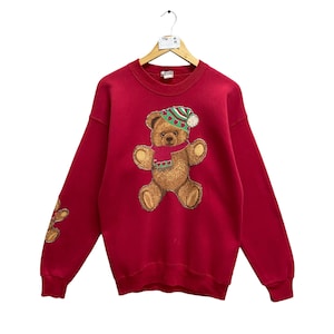 Vintage 90s Bear Red Sweatshirt Size Large Bear Crewneck Bear Sweater Pullover Patchwork Logo Bear Pullover Sweatshirt Jumper