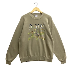 Vintage 90&#39;s Graphic Bird Brown Sweatshirt Size LARGE Animal Crewneck Birds Habitat Sweater Pullover  Birds House Sparrow Print Logo Jumper