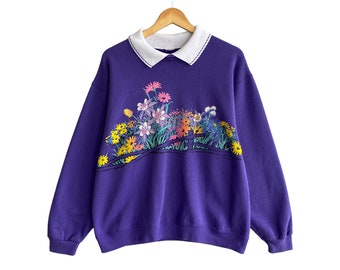 Vintage 90s Morning Sun Purple Sweatshirt Medium Morning Sun Crewneck Sunflower Sweater Pullover Morning Sun Floral Sunflower Print Logo
