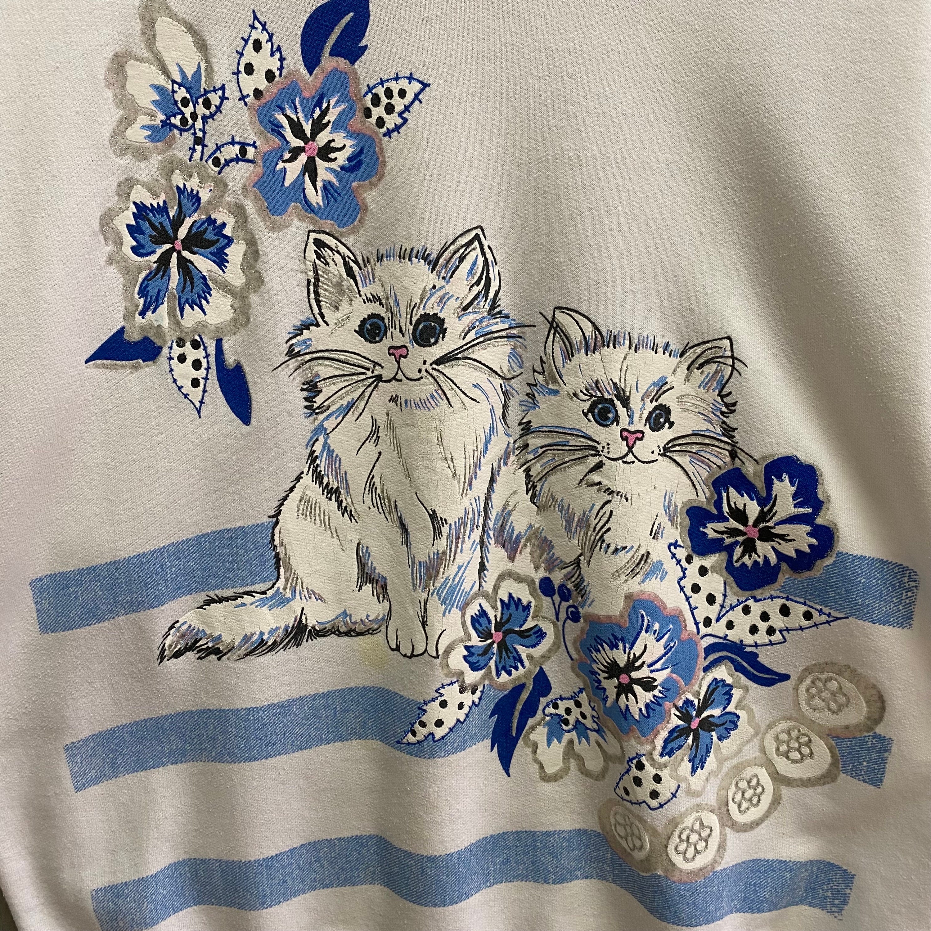 vintage cat × fish × flower sweat Vintage 90s Cats Floral White Sweatshirt Size Medium Floral