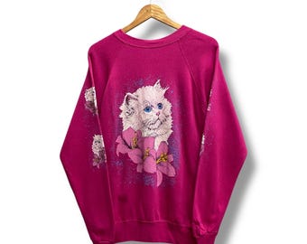 vintage amoureux des chats sweat avec fleurs grand chat esthétique maman pull floral amoureux des chats pull confortable unisexe cadeau imprimé allover taille L