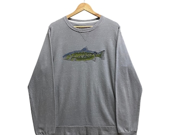 Vintage Y2K Wildtier Graues Sweatshirt LARGE Großer Mund Rundhalsausschnitt Anglerpullover Pullover Print Logo Fischlebensraum Tier Wilder Pullover