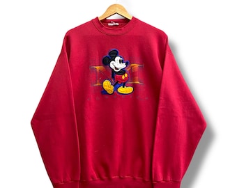 Sudadera roja vintage de Mickey Mouse de Disney de los años 90, talla XL, con cuello redondo y bordado de Mickey Mouse.