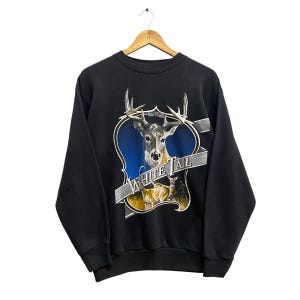 Vintage Deer Head Moletom Preto Grande Whitetail Deer Crewneck Whitetail Deer Sweater Pullover Estampa Logotipo Whitetail Deer Caça Jumper