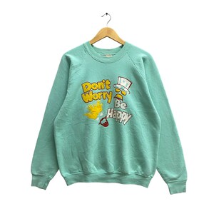 Bluza z nadrukiem z lat 90. Don't Worry Be Happy Soft Green Unisex XL z okrągłym dekoltem i nadrukiem z kreskówkowym logo Sweter z kreskówkowym nadrukiem