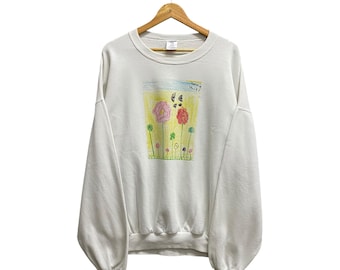 Vintage Art Graphic Flower Crayon White Sweatshirt Size Oversize 2X Flower Crewneck Floral Sweater Pullover Streetwear Art Print Logo Jumper