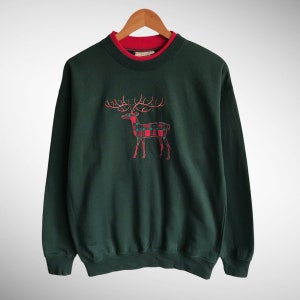 Vintage Christmas Deer Green Sweatshirt Size Medium Deer Crewneck White Tailed Deer Sweater Pullover Embroidered Logo Wildlife Animal Jumper