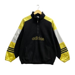Vintage 90s Adidas Three Stripes Black Fleece Jacket Adidas Fleece Crewneck Streetwear Adidas Sweater Pullover Half Zipper Embroidered Logo