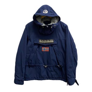 vintage Napajiri Geographic Anorak bleu marine veste à capuche SMALL Napajiri doudoune fermeture éclair sur le devant veste de ski matelassée Napajiri logo brodé