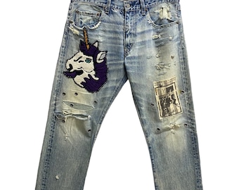 Vintage Japanese Brand RNA INC.SLang Jeans Size 32 Rna Slang Zipper Fly Denim Rna SLang Distressed Patchwork Sashiko Light Wash Punk Jeans