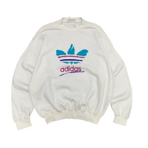 Vintage 90s Adidas Trefoil White Unisex Sweatshirt Xlarge Adidas Trefoil Crewneck Adidas Three Stripes Sweater Pullover Print Logo Jumper