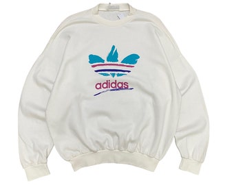 Vintage 90s Adidas Trefoil White Unisex Sweatshirt Xlarge Adidas Trefoil Crewneck Adidas Three Stripes Sweater Pullover Print Logo Jumper