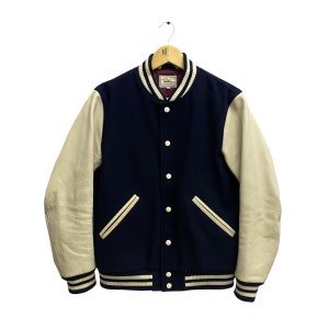 Vintage 00s Avant Garde Japanese Brand Varsity Jacket Size Medium Varsity Button Front Leather Sleeve Colour Block Navy/White Japanese Brand