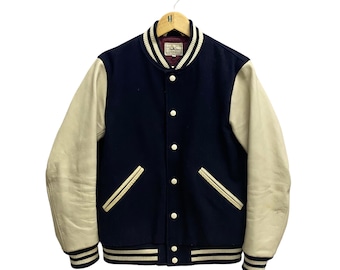 Vintage 00s Avant Garde Japanese Brand Varsity Jacket Size Medium Varsity Button Front Leather Sleeve Colour Block Navy/White Japanese Brand