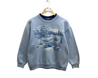 Vintage Winter Landscape View Sweatshirt Medium Scenic Nature Graphic Pullover Printed Logo Jumper Size M