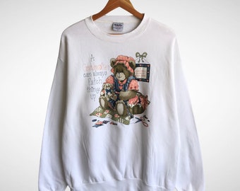 Vintage 90s Volunteer Grandmother White Sweatshirt Large Volunteer Crewneck Volunteer Grandmother Sweater Pullover Graphic Print Logo Bear