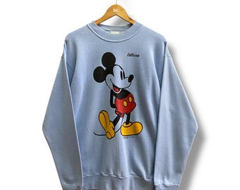 Sudadera vintage de Mickey California azul de los años 90, jersey grande con gráfico retro de Disney, jersey unisex de cuello redondo y logotipo estampado, talla L