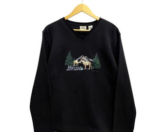 Sudadera vintage Y2K con diseño de ciervo, color negro, talla XL, cuello redondo, diseño de ciervo de cola, hábitat de caza de animales, logotipo bordado.