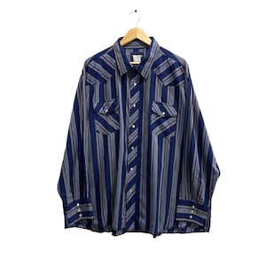 Vintage 00s Wrangler Blue Colour Striped Western Shirt Size 3XLarge Wrangler Wrangler Pearl Snap Button Wrangler Long Sleeve Western Shirt