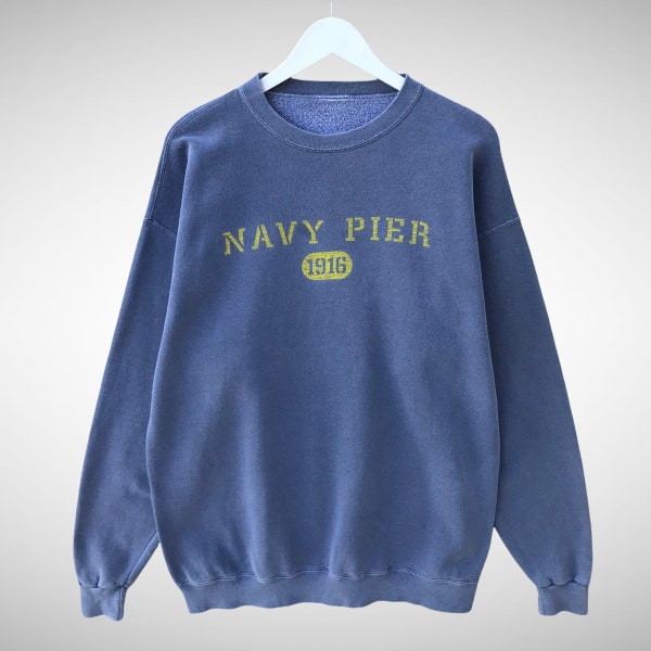 Vintage Navy Pier Blue Sweatshirt Size Xlarge Navy Pier Crewneck Navy Pier Sweater Lake Michigan Spell Out Print Navy Pier Jumper