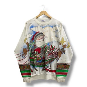 Vintage 90&#39;s Holiday Time Santa Clause White Sweatshirt XLARGE Santa Clause Crewneck Santa Clause Sweater Pullover Print Logo Santa Jumper