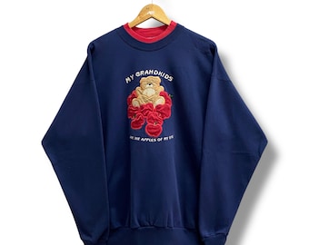 Felpa unisex blu navy vintage anni '90 "My Grandkids Bear", larga e grande, con scollo rotondo e logo ricamato.