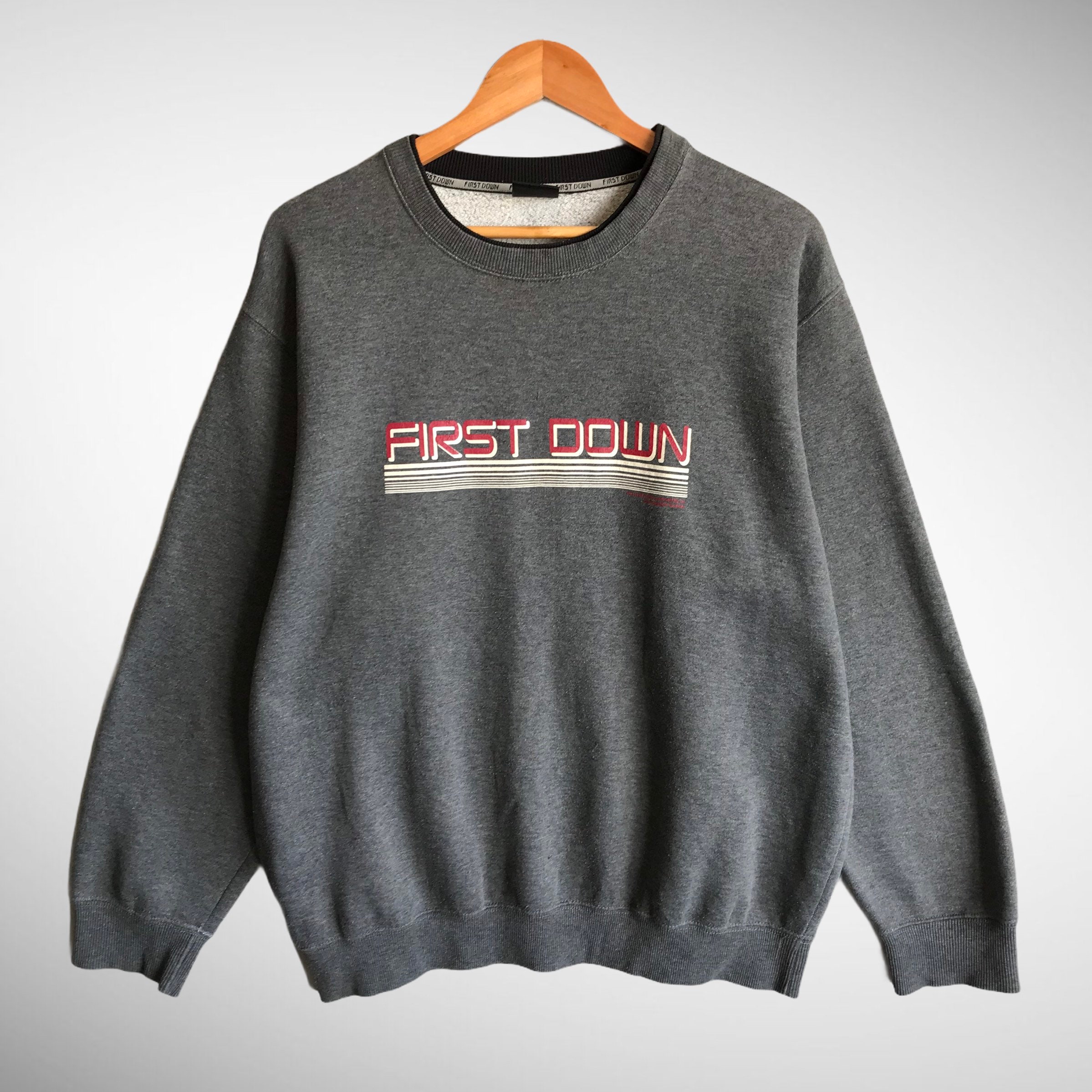 Vintage First Down Grey Sweatshirt XLarge First Down Crewneck First Down Sweater Pullover First Down Spell Out Print Logo First Down Jumper
