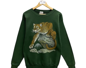 Vintage Cougar National Wildlife Federation Green Sweatshirt Size Large Cougar Crewneck Cougar Sweater Pullover Print Logo Animal Wildlife