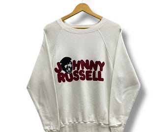 Vintage 90's American Singer Johnny Russell White Sweatshirt LARGE Johnny Russell Crewneck Johnny Russell Sweater Spellout Print Logo Jumper