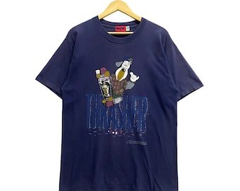 Vintage 90-tals Droopy Thrasher marinblå bleknad t-shirt storlek LARGE Doopy Thrasher animerad karaktär kortärmad rund hals tröja med tryck logotyp