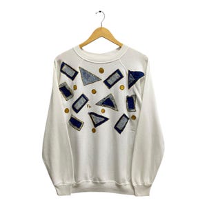 Vintage 90's Hanes Patchwork White Sweatshirt Unisex LARGE Hanes Crewneck Hanes Sweater Pullover Patchwork Jeans Logo Hanes Jumper