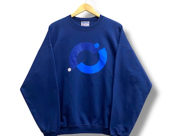 Sudadera holgada azul vintage de los años 90 de Hanes, suéter grande de cuello redondo de Hanes, jersey de calle con estampado de logotipo de Hanes.