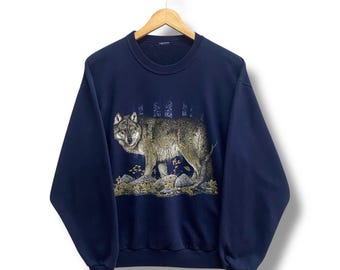 Vintage jaren 90 Wolf marine-sweater medium retro Wildlife afbeelding ronde hals klassieke natuur streetwear gedrukt logo Wildlife Animal trui maat M