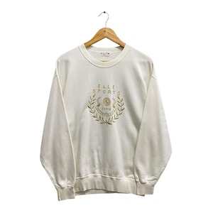 Vintage 90s Elle Sports Paris White Sweatshirt Size Medium Elle Sports Crewneck Elle Sports Paris Sweater Pullover Spell Out Embroidery Logo