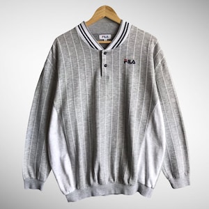 Vintage Fila Biela Italia grijs gestreept sweatshirt Fila Biella Italia Crewneck Fila trui Pullover Spell Out geborduurd logo Fila gestreept