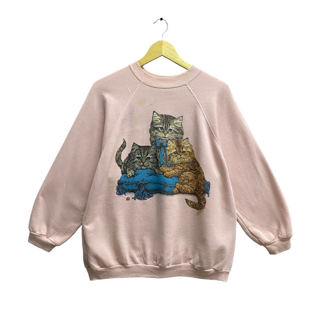 Vintage Cat Big Face Sweatshirt Crewneck Adult Large White