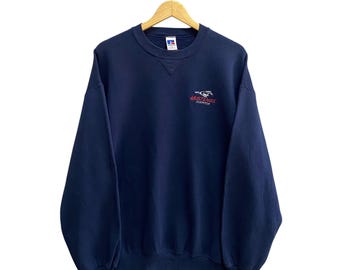 Vintager Russel Athletic Navy-Sweatshirt Russel Athletic Rundhalsausschnitt Russel Athletic Sportswear Pullover mustang Fastpitch Stickerei