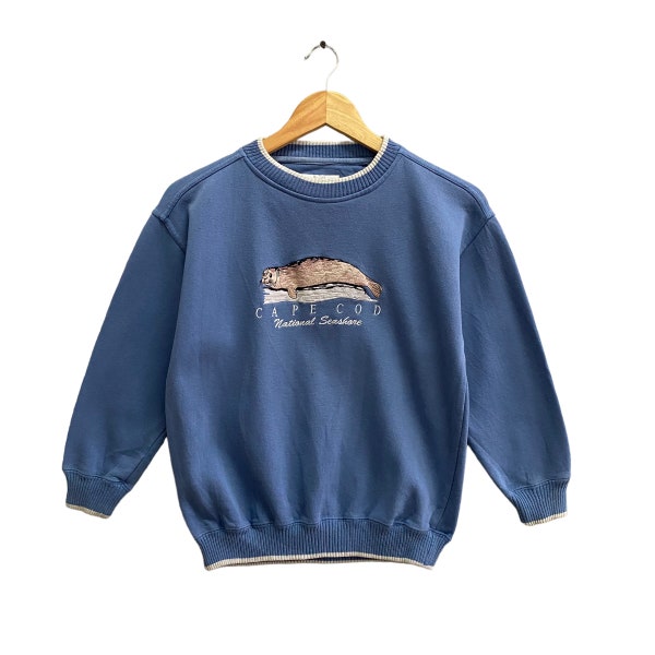 Vintage 90s Cape Code Natinal Seashore Blue Sweatshirt Kids Size Large Cape Cod Crewneck Cape Cod Sweatshirt Embroidered Logo National Sea