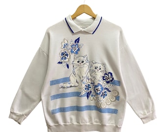 Vintage 90s Cats Floral White Sweatshirt Size Medium Floral Crewneck Kitty Sweater Pullover Print Logo Habitat Animal Vintage Cats Jumper