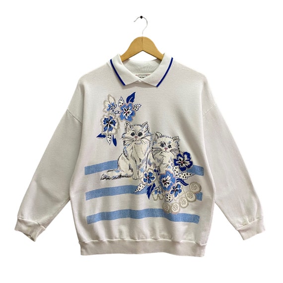 vintage cat × fish × flower sweat Vintage 90s Cats Floral White Sweatshirt Size Medium Floral