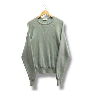 May include: A light green ribbed knit sweater with a crew neck and long sleeves. The sweater features a small green crocodile logo on the chest. The garment is hanging on a wooden hanger against a white background.